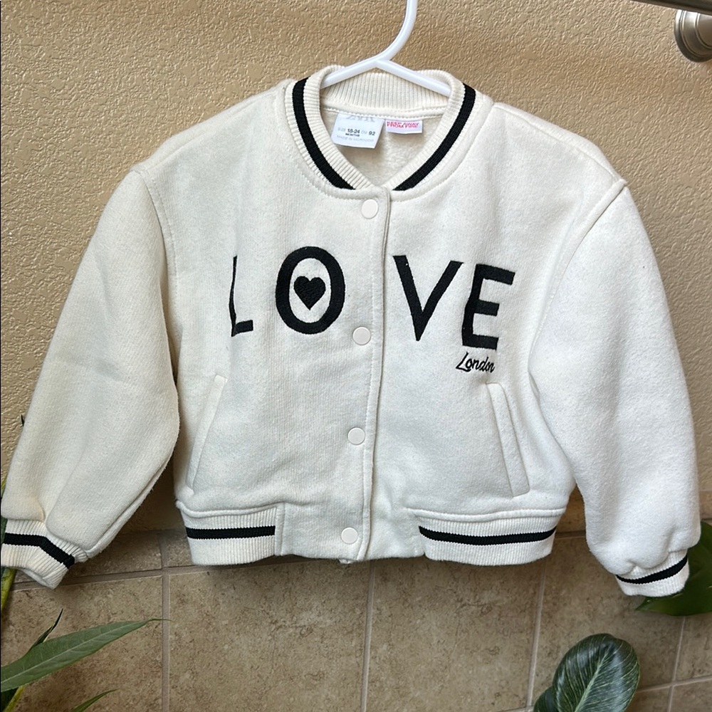 Zara White LOVE Varsity Button Up Jacket